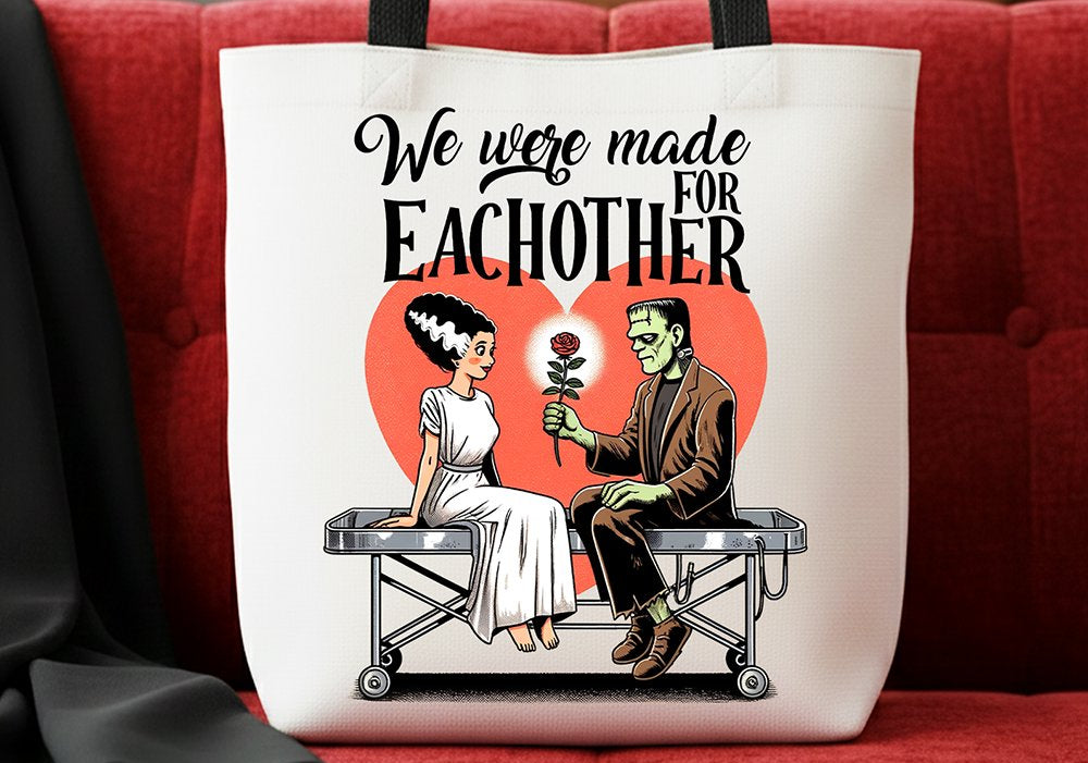 Romantic Frankenstein and Bride Canvas Tote Bag, We Were Made for Each Other Gift Bag for Spooky Couples