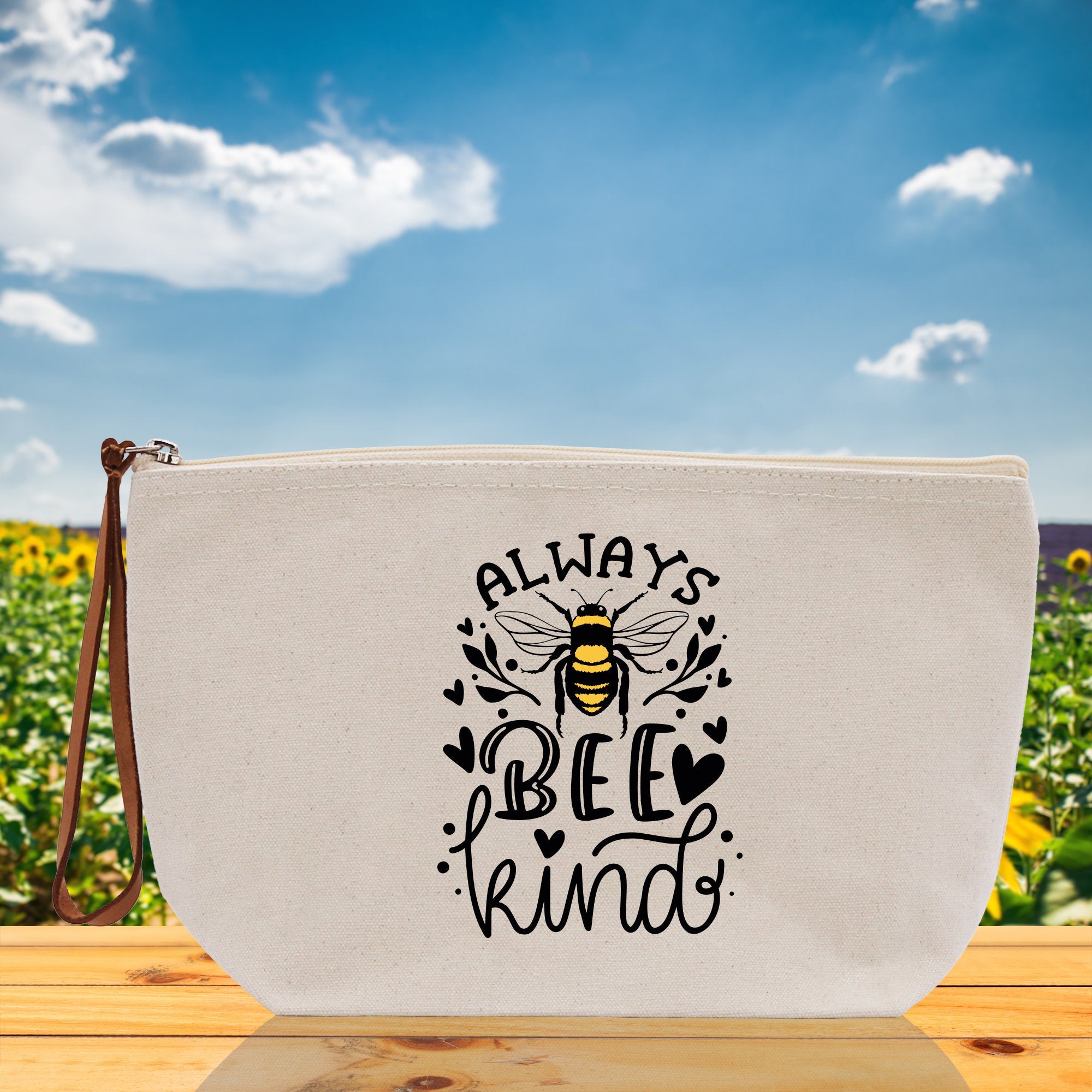 Bee Kind Zipper Cotton Canvas Zipper Pouch Bag Always Bee Kind Makeup Case Custom Zipper Pouch Tote Toiletry Bag Gift for Her Birthday Gift